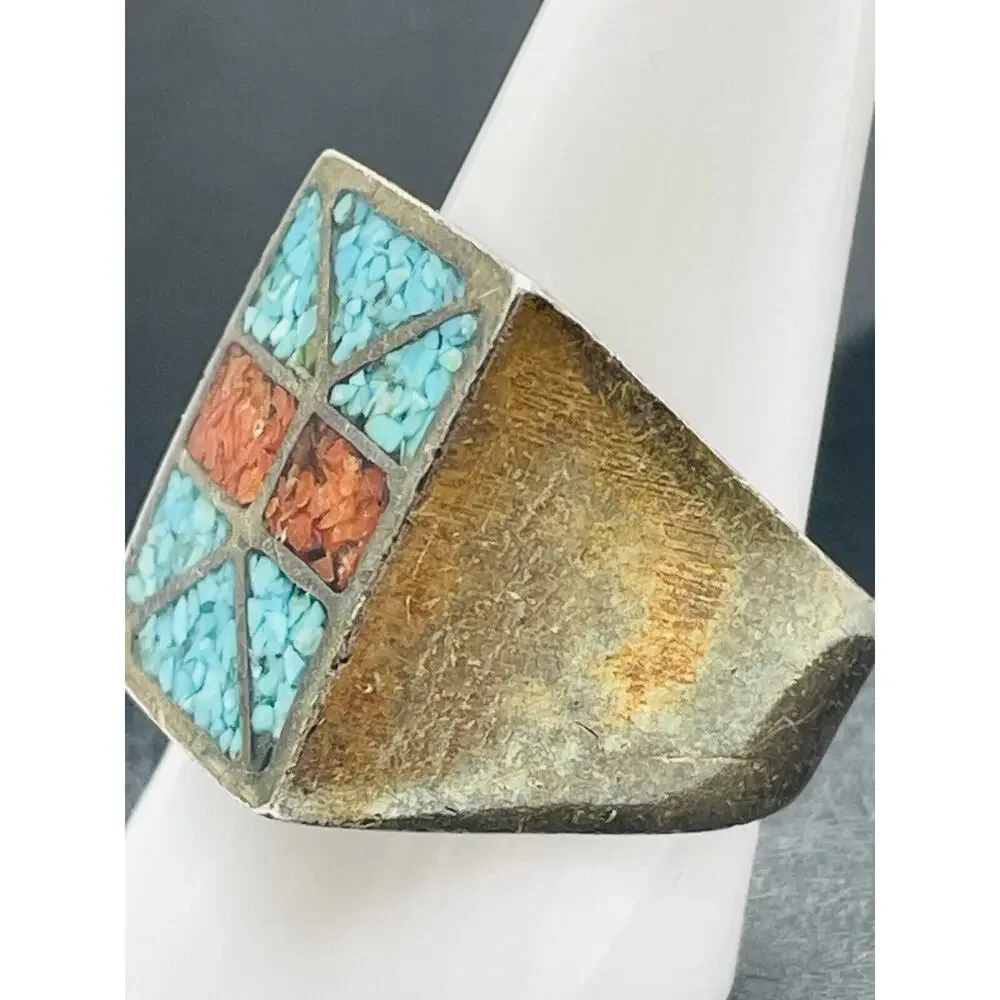 Crushed Turquoise and Coral Inlay Sterling Silver Ring Size 9.5 Native American